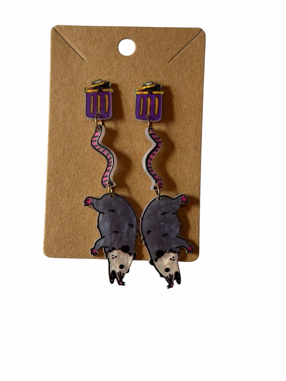 Purple and Pink Opossum Drop Earrings - Playful Animal Dangles